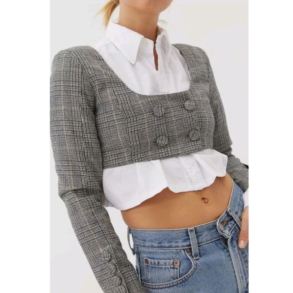For Love & Lemons Frankie Plaid Crop Top Grey Wool Blend Large M Medium
